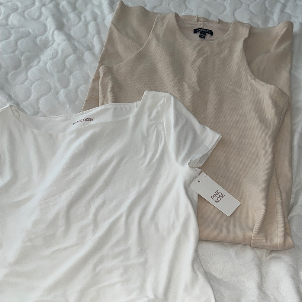 Pink Rose Women's Short Sleeve White and Tan Tees